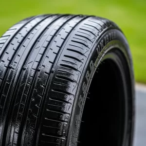 Close-up of a freshly cleaned and dressed black tyre