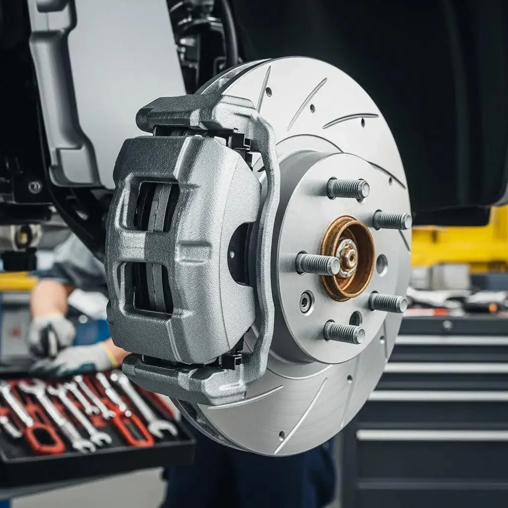 Close-up of new brake pads and rotors, showing the components involved in safe brake bedding