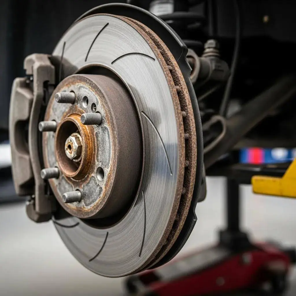 Close-up of worn brake pads and discs showing signs of wear