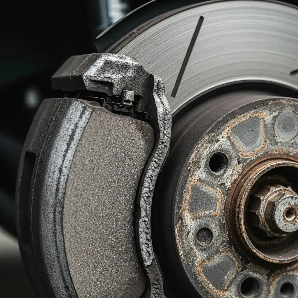 Close-up showing scored brake pads and a worn rotor