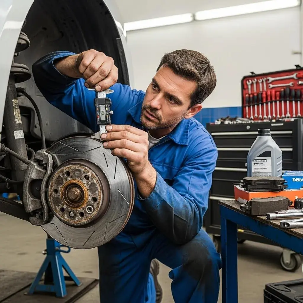 Mechanic checking a rotor with visible scoring from metal-on-metal contact