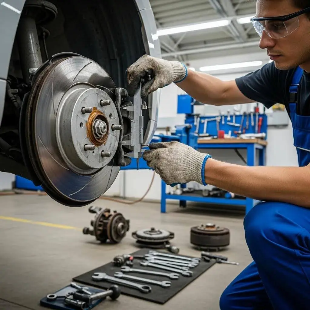 Mechanic checking brake pads and rotors inside a garage