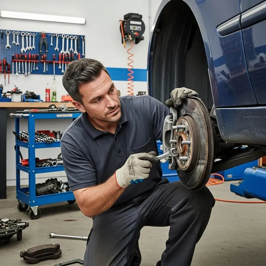 Mechanic checking brake pads during a workshop inspection