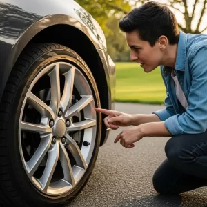 Person checking brake pad thickness through wheel spokes during a routine service