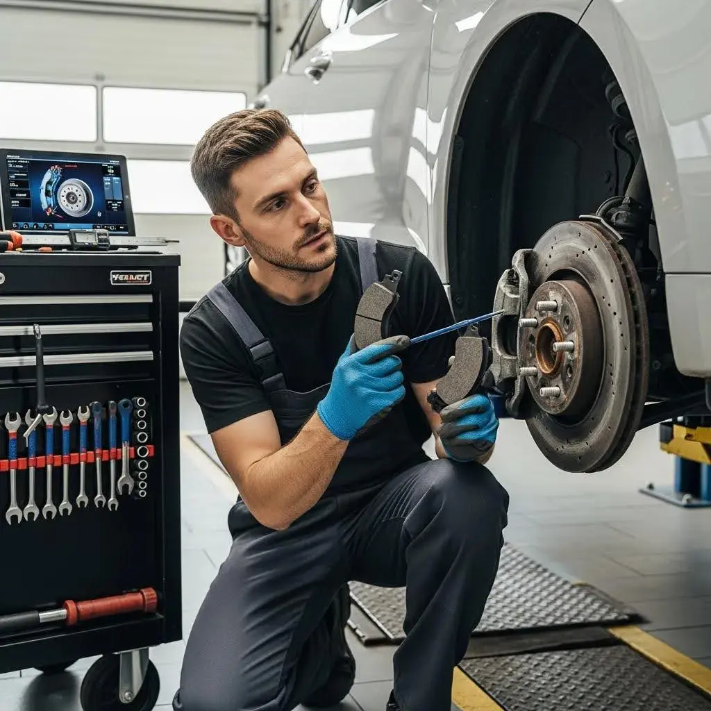 Technician inspecting brake pads and rotors to ensure correct bedding and safe operation