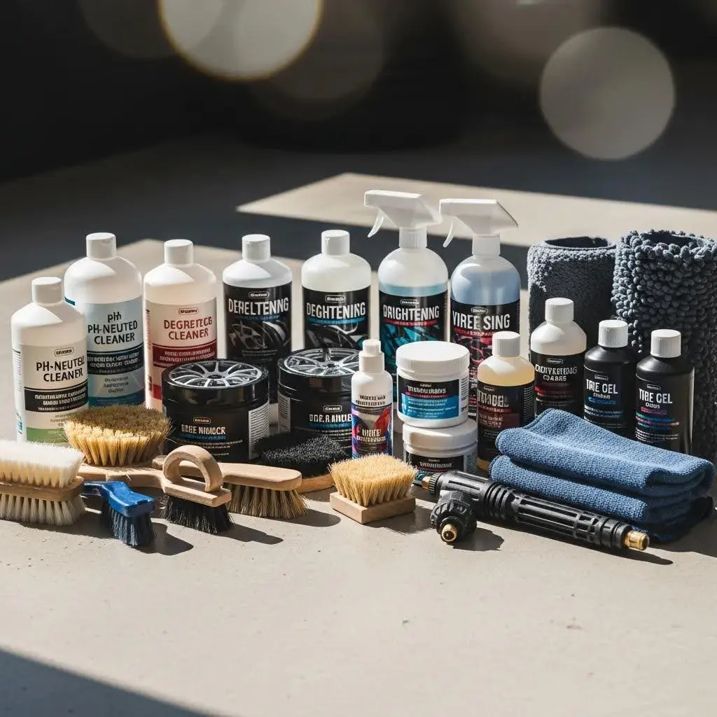 Tyre cleaning products and brushes laid out
