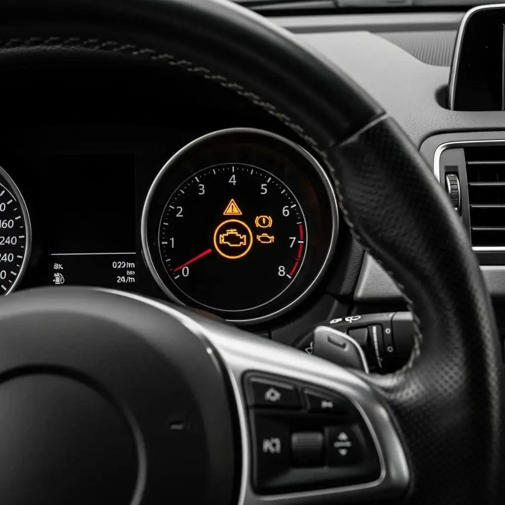 Car dashboard with engine warning light illuminated, highlighting vehicle health alert