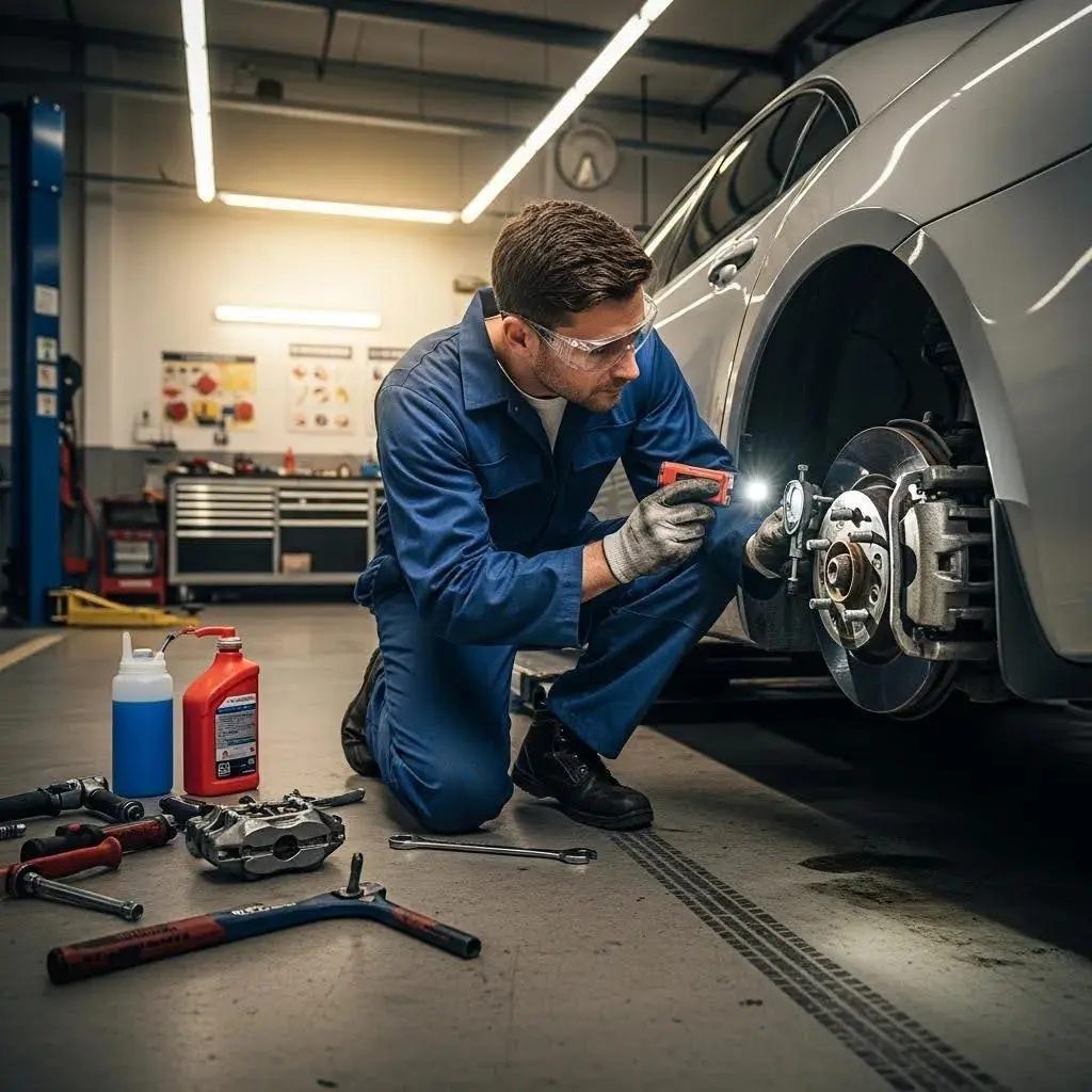 Mechanic checking brake function for vehicle safety