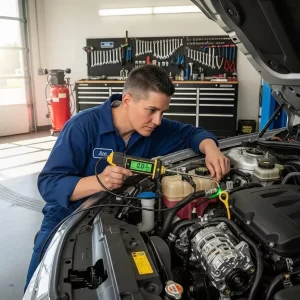 Mechanic conducting leak test on vehicle air conditioning system