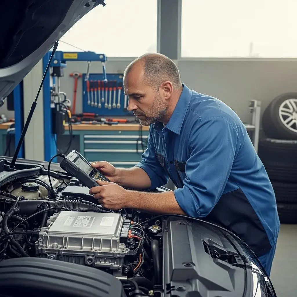 Mechanic diagnosing car engine with diagnostic tool, illustrating ECU fault code analysis