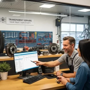Mechanic discussing engine light repair options with customer at garage service desk