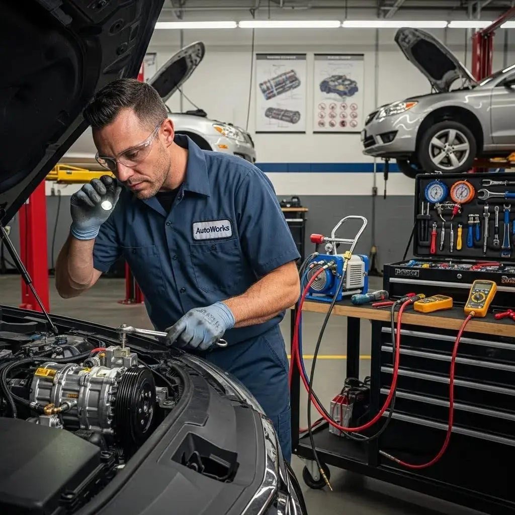 Mechanic inspecting vehicle air conditioning system in a garage