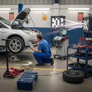 Mechanic performing an MOT test on a vehicle, inspecting brakes and lights in a professional garage setting