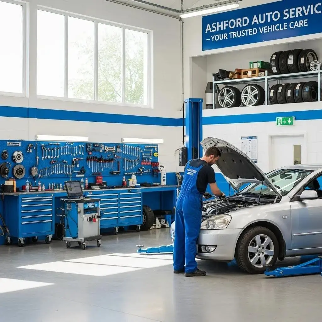Modern car service garage in Ashford with a mechanic working on a vehicle, emphasizing reliability and vehicle care
