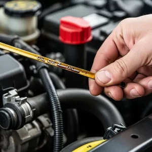 Person checking engine oil level for vehicle maintenance