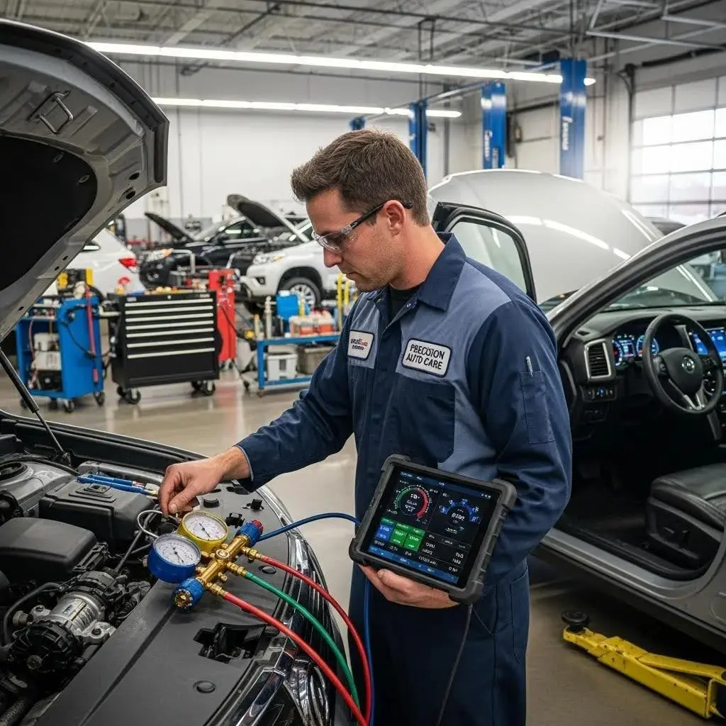 Technician performing AC system diagnostic with specialized equipment