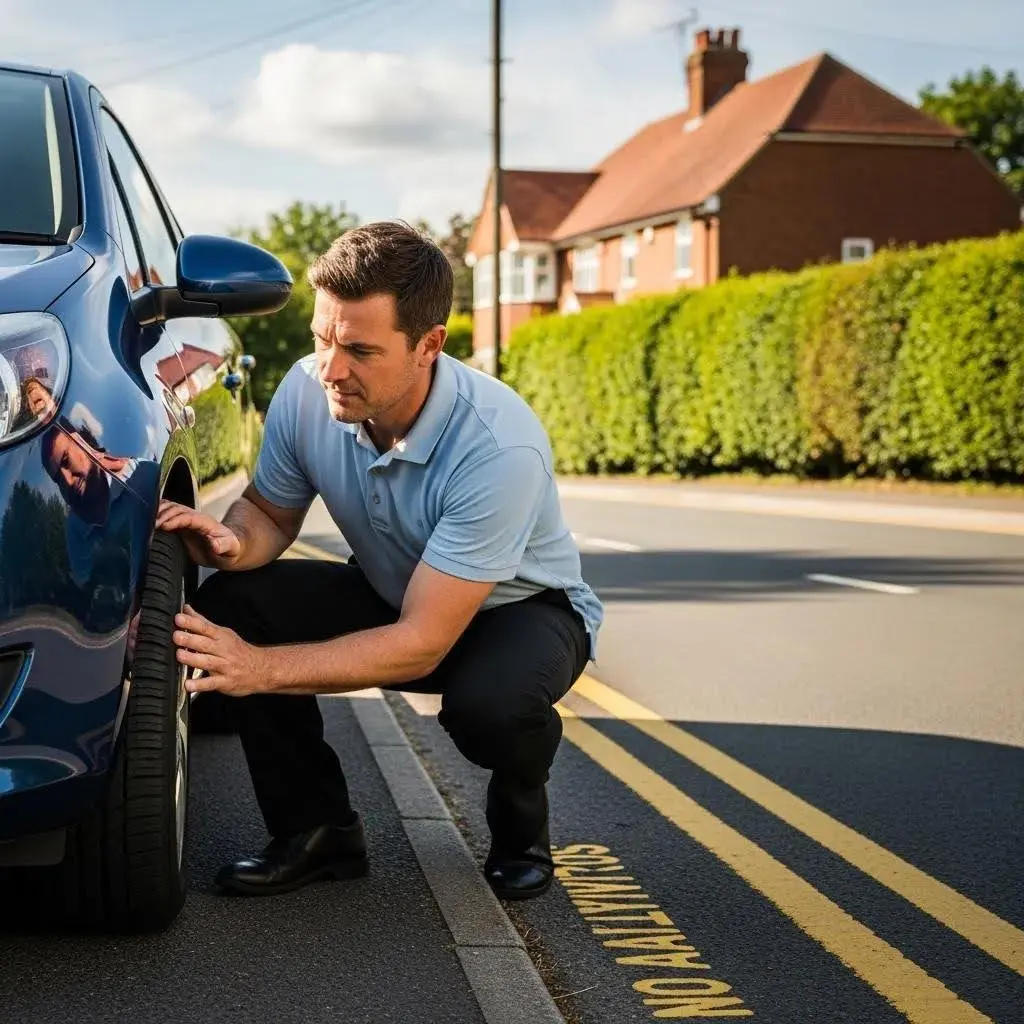 UK driver inspecting vehicle tyres for safety checks