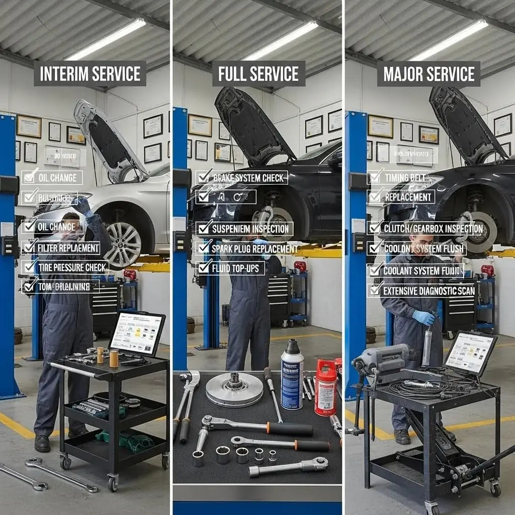 Visual representation of interim, full, and major car servicing types with a car being serviced in a professional garage